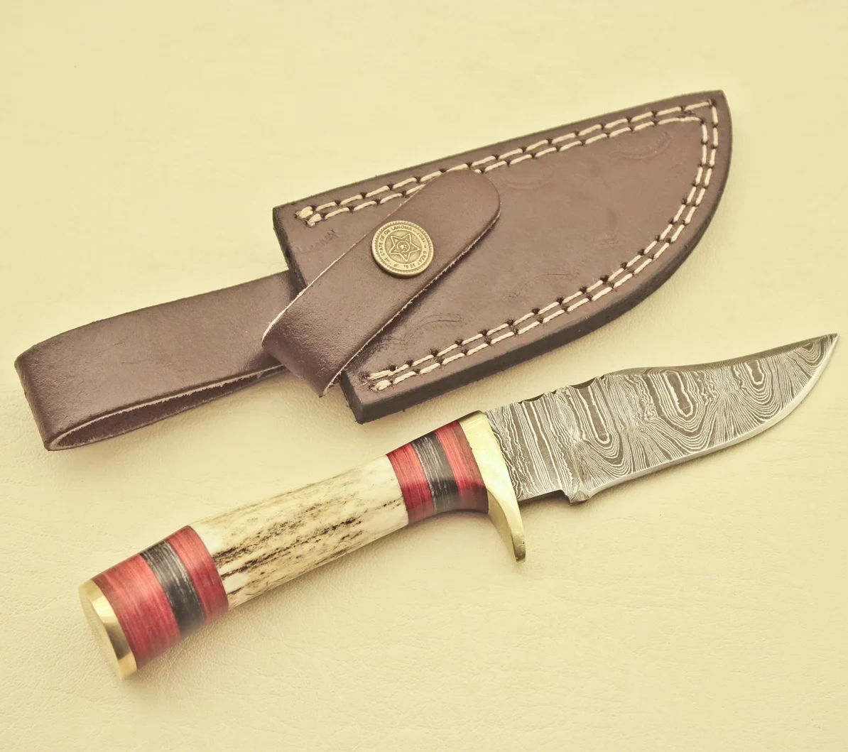 Hand Forged Damascus Steel Hunting Knife-Knife Stag Horn Handle-Leather Sheath