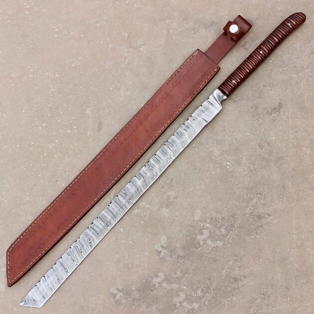 Handmade Damascus Steel Hunting Machete | Camping & Hunting | Leather Sheath