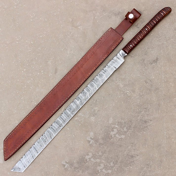 Handmade Damascus Steel Hunting Machete | Camping & Hunting | Leather Sheath