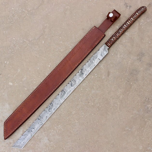 Handmade Damascus Steel Hunting Machete | Camping & Hunting | Leather Sheath