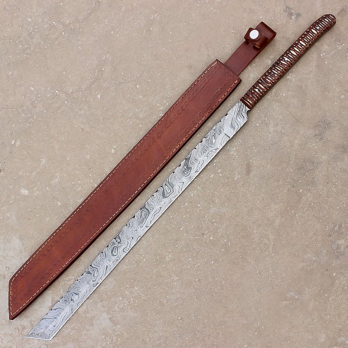 Handmade Damascus Steel Hunting Machete | Camping & Hunting | Leather Sheath