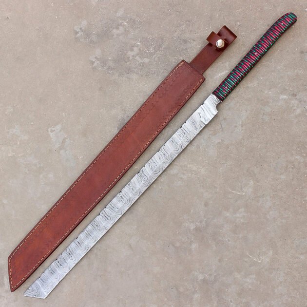 Handmade Damascus Steel Hunting Machete | Camping & Hunting | Leather Sheath