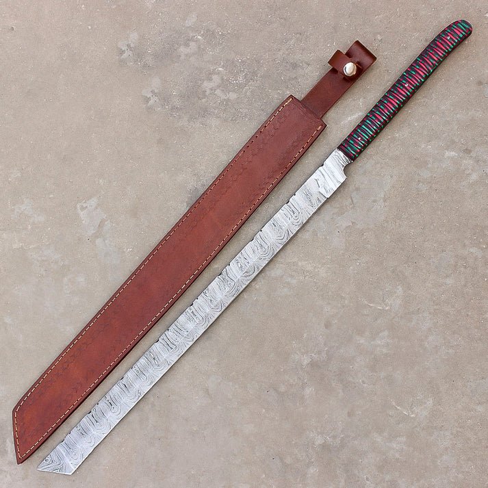 Handmade Damascus Steel Hunting Machete | Camping & Hunting | Leather Sheath