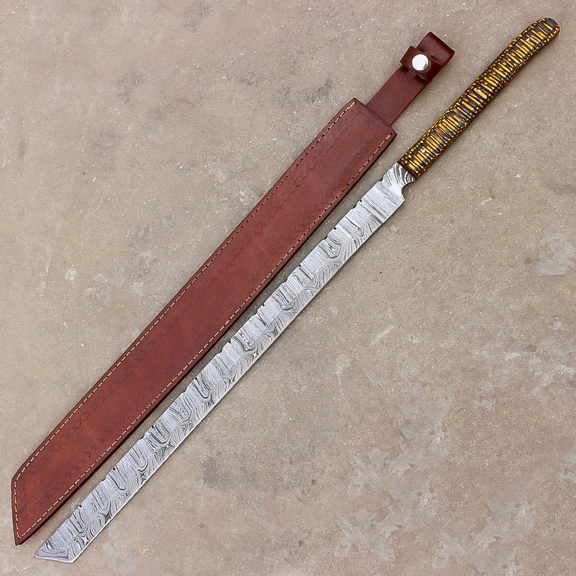 Handmade Damascus Steel Hunting Machete | Camping & Hunting | Leather Sheath