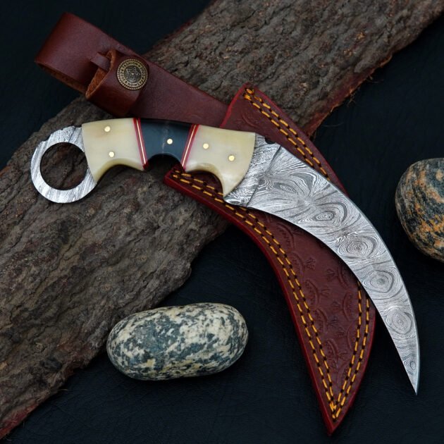 Handmade Damascus Karambit Knife: Camel Bone & Buffalo Horn Handle