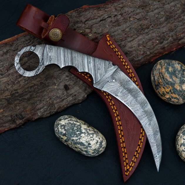 Handmade Damascus Steel Karambit Knife with Leather Sheath
