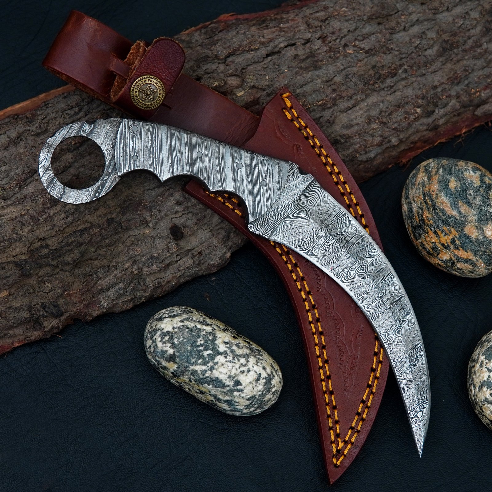 Handmade Damascus Steel Karambit Knife with Leather Sheath
