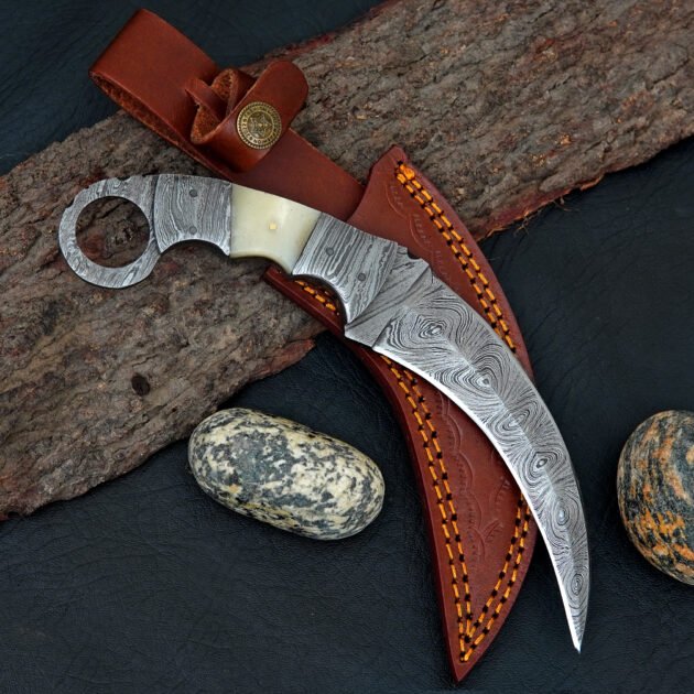 Handmade Damascus Karambit Hunting Knife: Camel Handle, Leather Sheath
