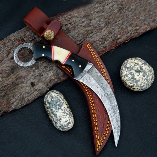 Handmade Damascus Karambit Knife: Buffalo Horn & Camel Handle, Leather Sheath