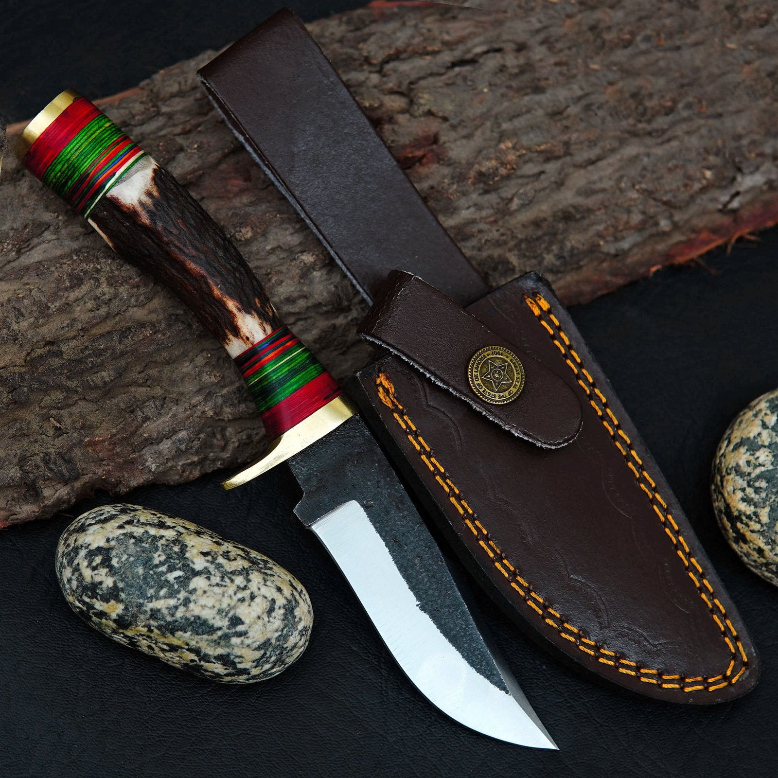 Handmade Carbon Steel Hunting Knife: Stag Horn Handle, Leather Sheath