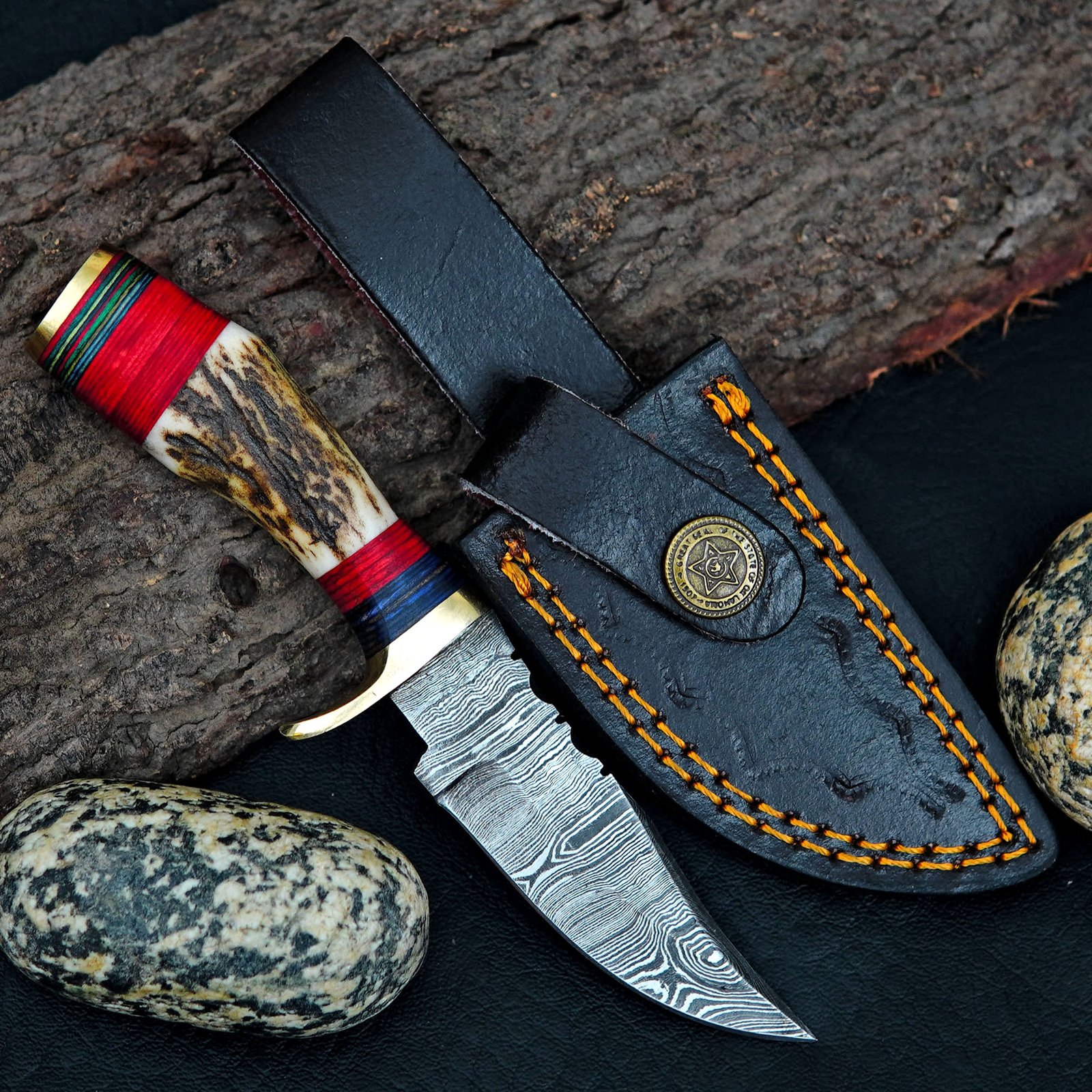 Handmade Damascus Steel Hunting Knife: Stag Antler Handle, Brass Bolster, Sheath