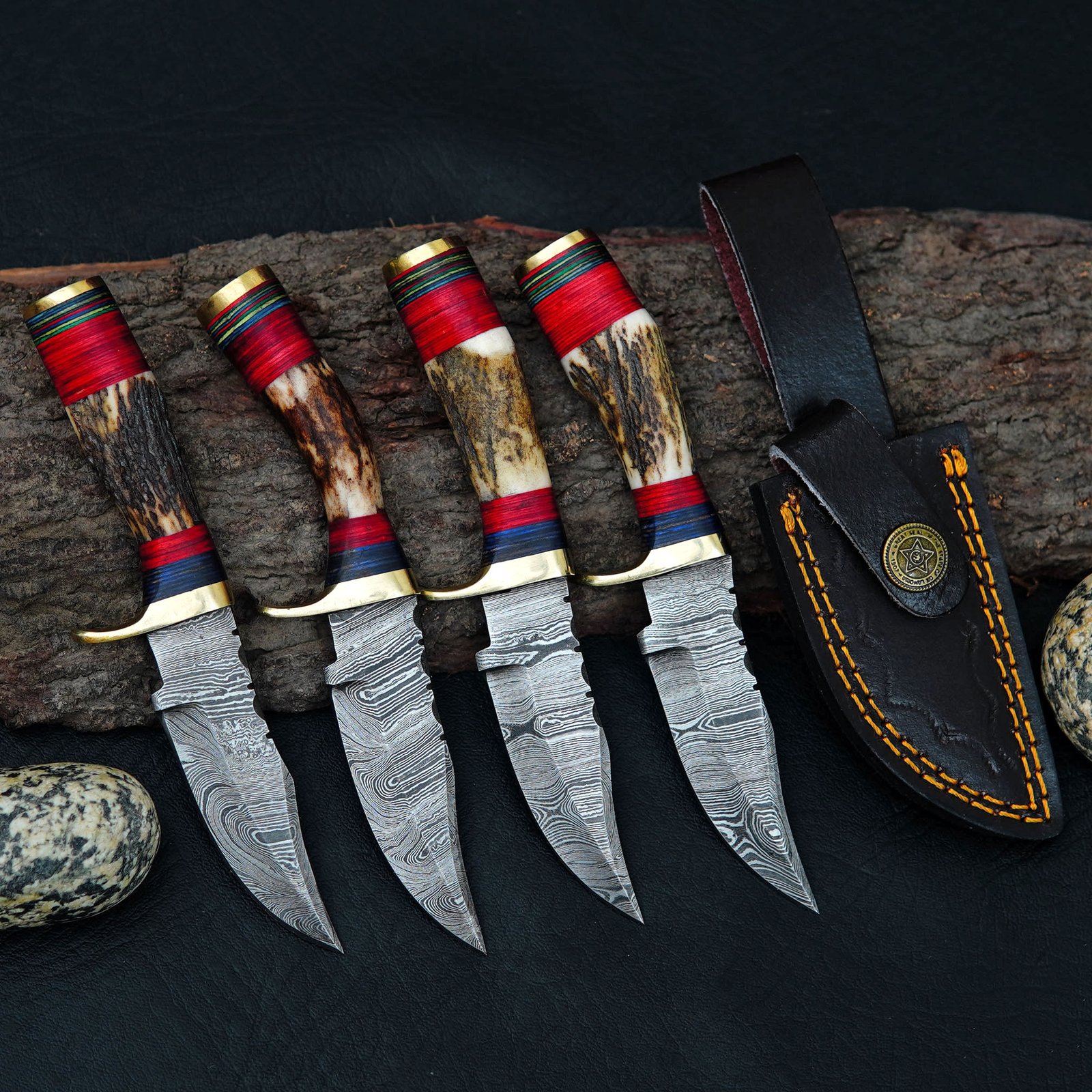 Handmade Damascus Steel Knife Set: Stag Horn Handle, Leather Sheath