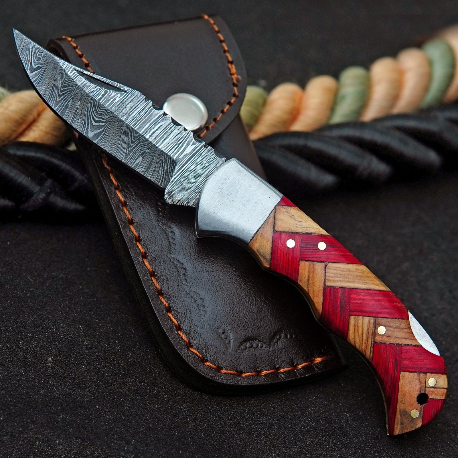 Damascus Steel Folding Pocket Knife, Pakka Wood Handle, Leather Sheath (6.5" Overall)