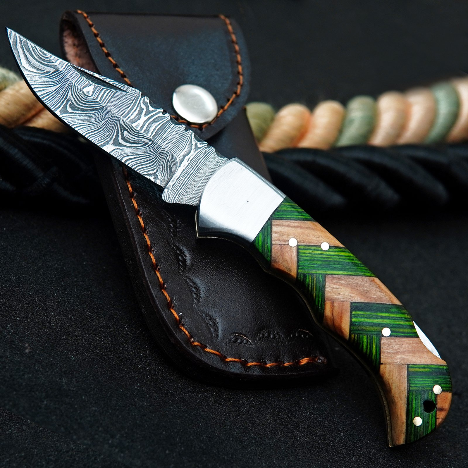 Damascus Steel Folding Pocket Knife, Pakka Wood Handle, Leather Sheath (6.5" Overall)