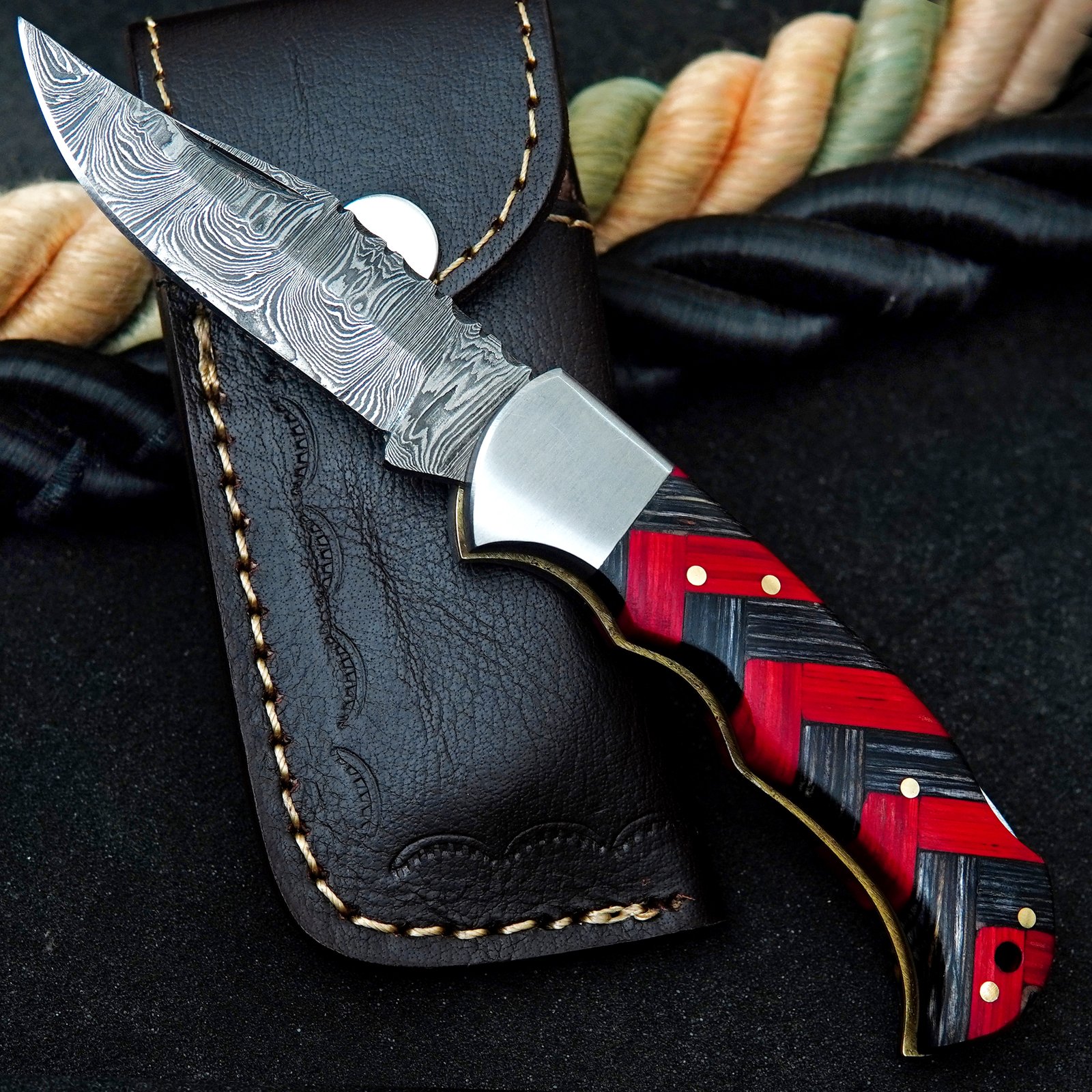 Damascus Steel Folding Pocket Knife, Pakka Wood Handle, Leather Sheath (6.5" Overall)