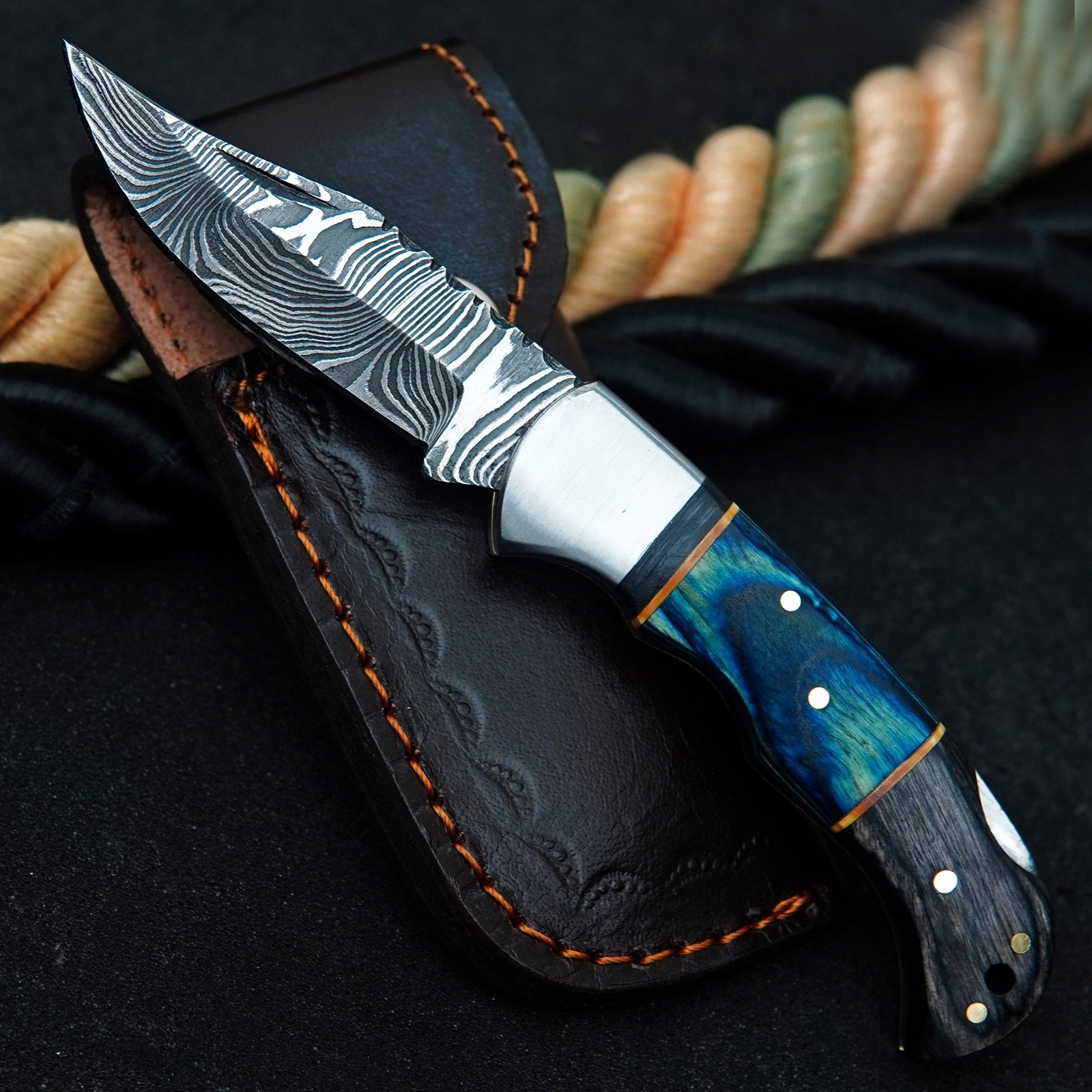 Damascus Steel Folding Pocket Knife, Pakka Wood Handle, Leather Sheath (6.5" Overall)