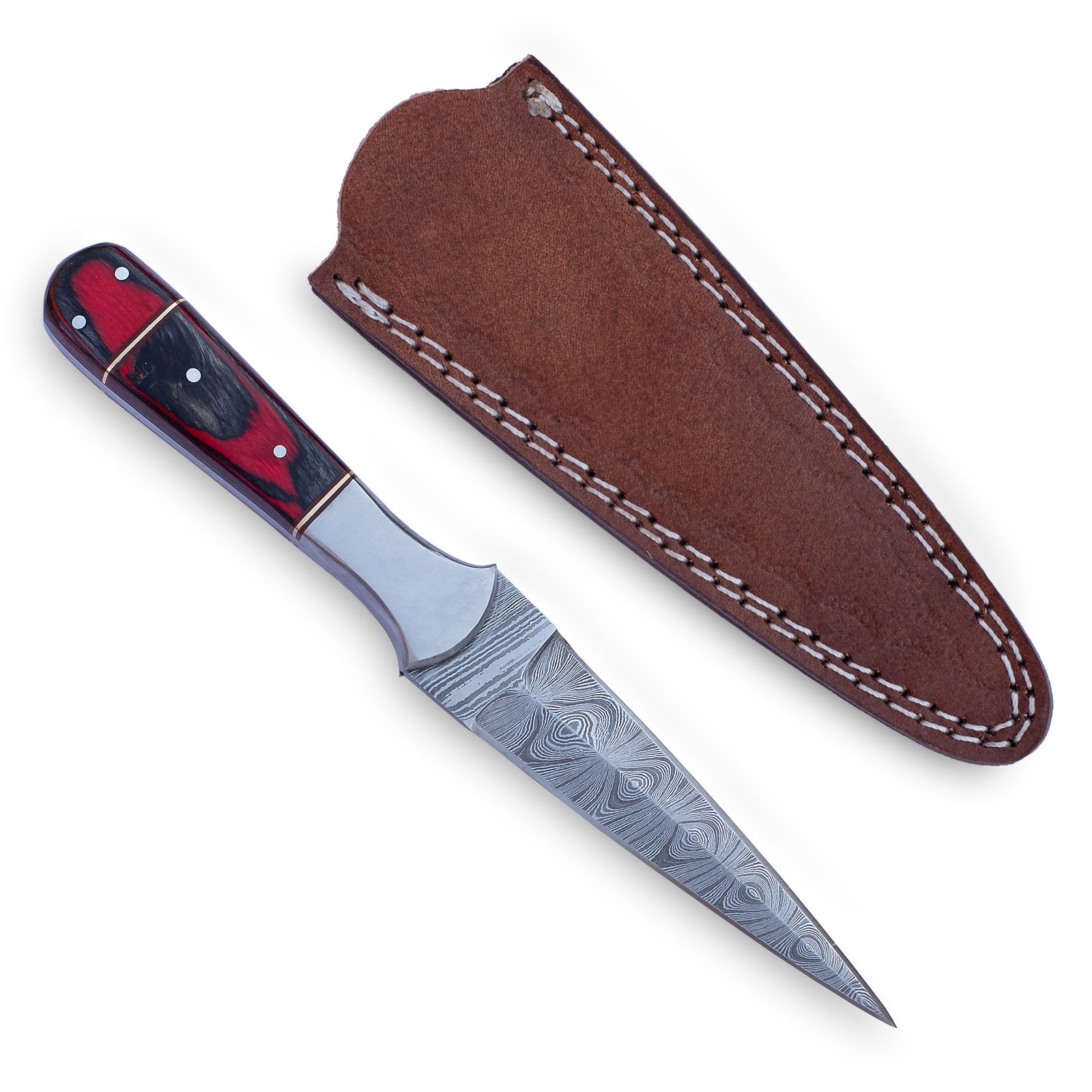 Hand Forged Damascus Steel Dagger: Rosewood Handle, Leather Sheath