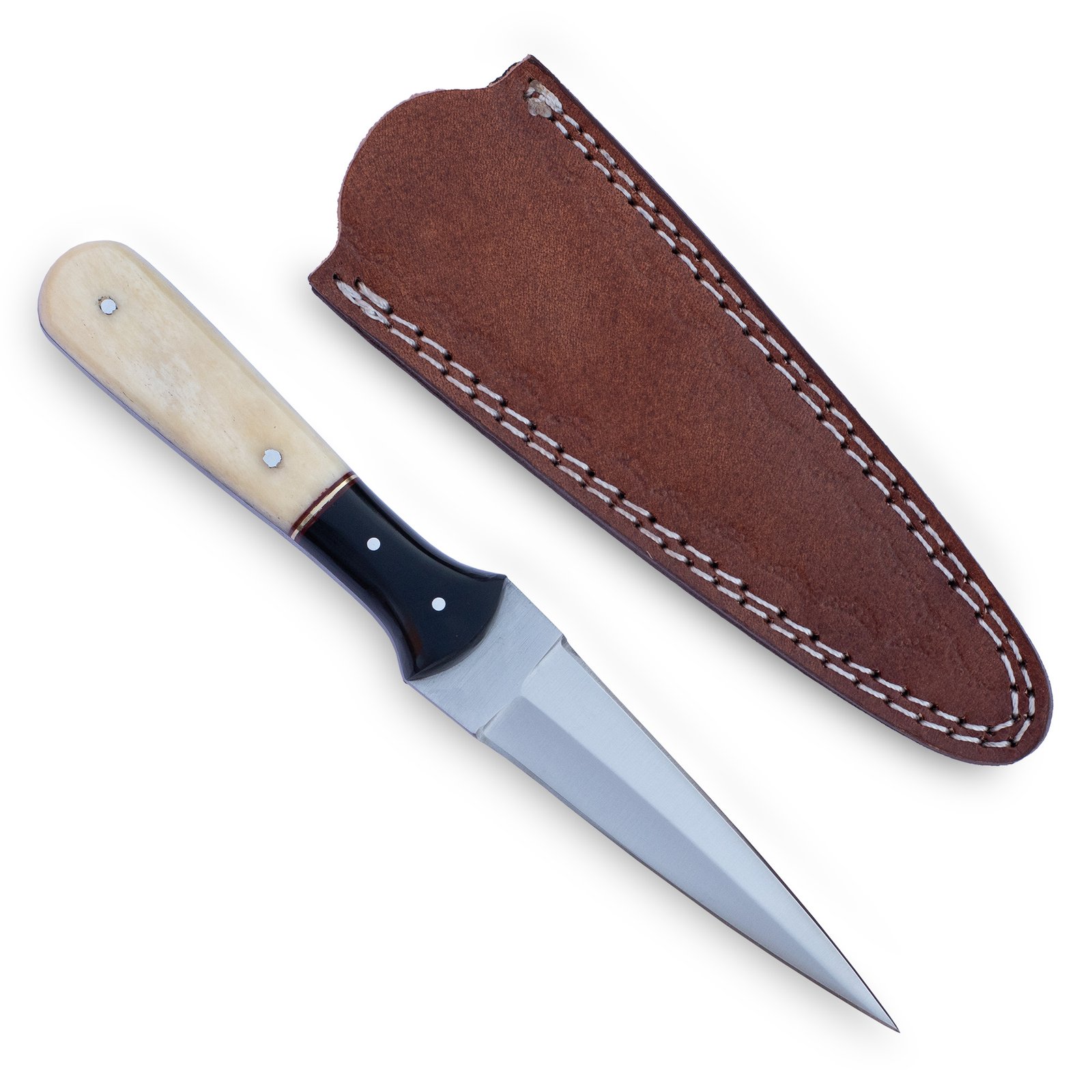 Hand Forged Stainless Steel Hunting Dagger: Bull Horn Handle, Leather Sheath