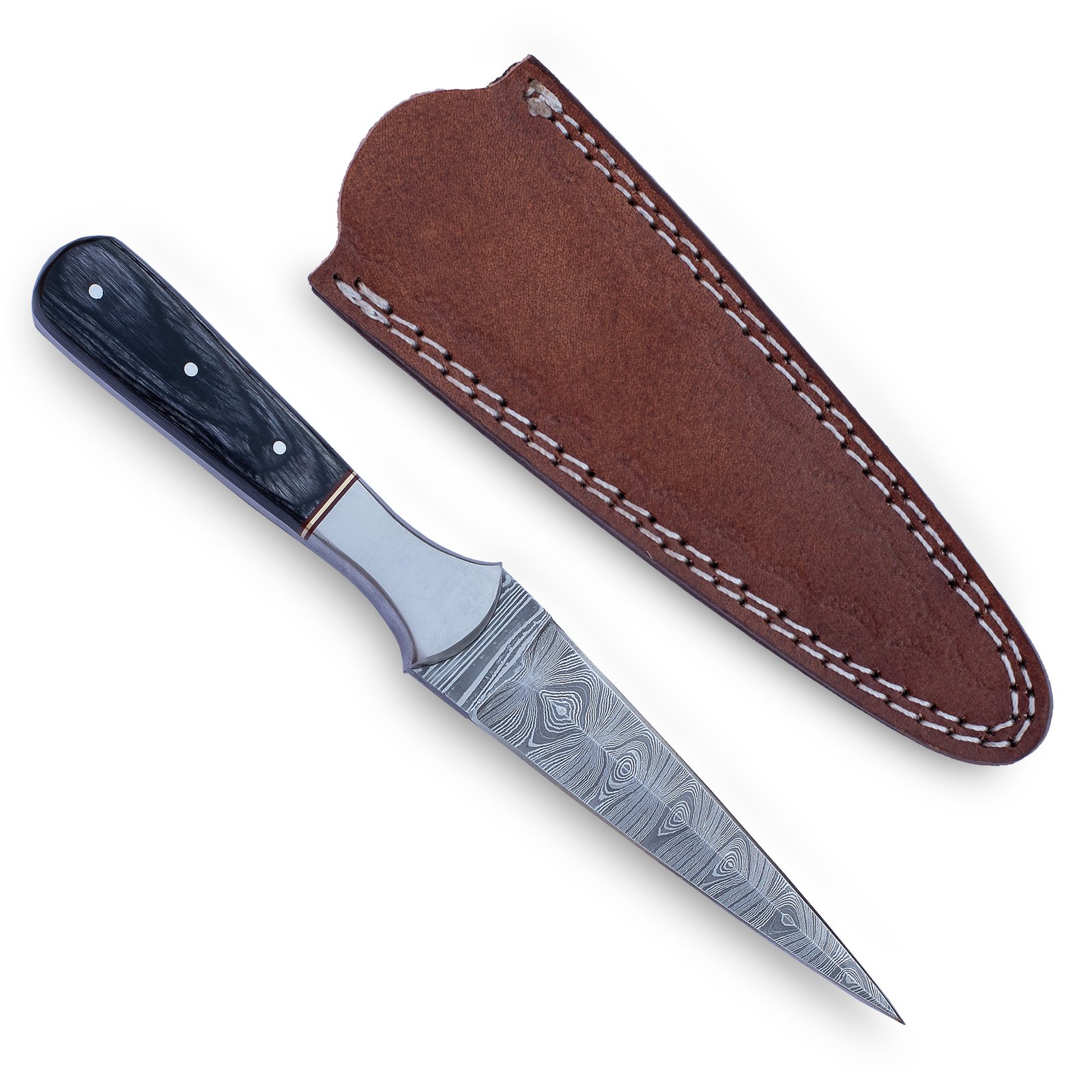 Hand Forged Damascus Steel Dagger: Rosewood Handle, Leather Sheath