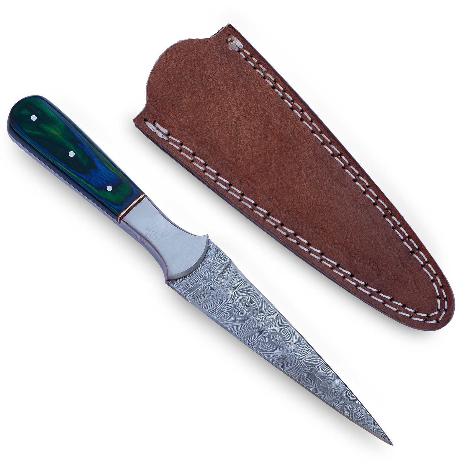 Hand Forged Damascus Steel Dagger: Rosewood Handle, Leather Sheath