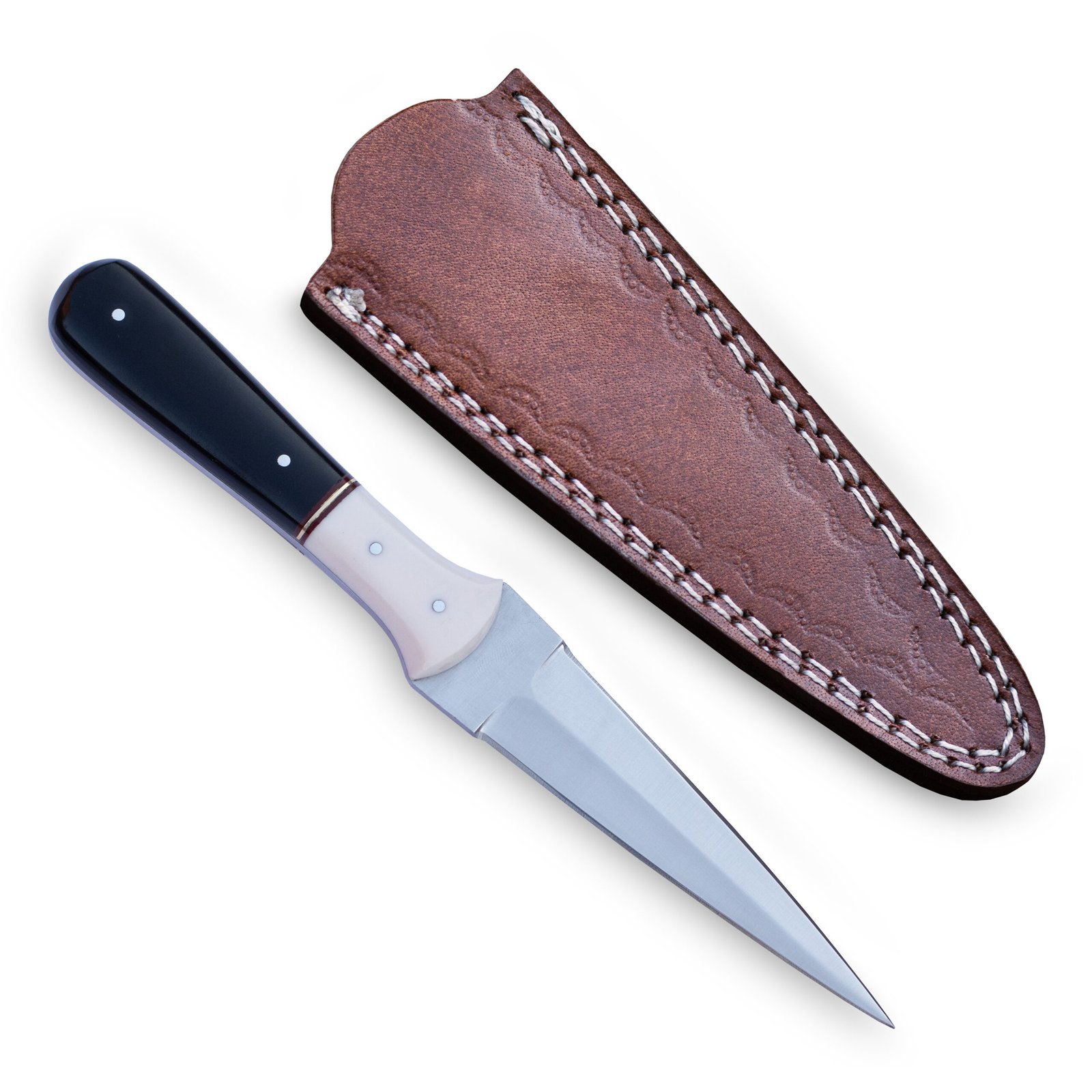 Hand Forged Stainless Steel Hunting Dagger: Bull Horn Handle, Leather Sheath