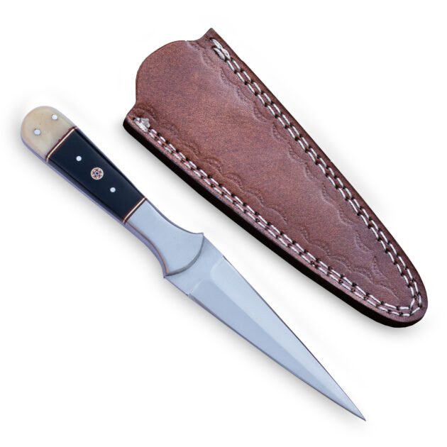 Hand Forged Stainless Steel Hunting Dagger: Bull Horn Handle, Leather Sheath
