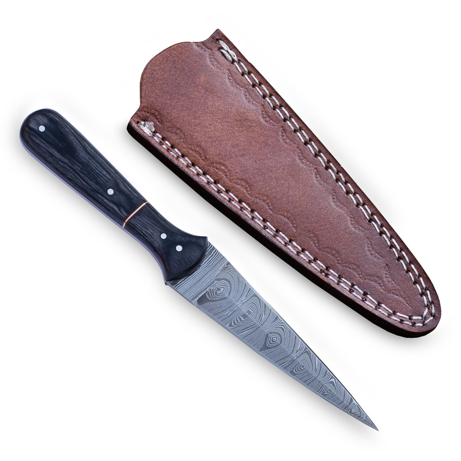Handmade Damascus Steel Dagger | Rosewood Handle, Leather Sheath