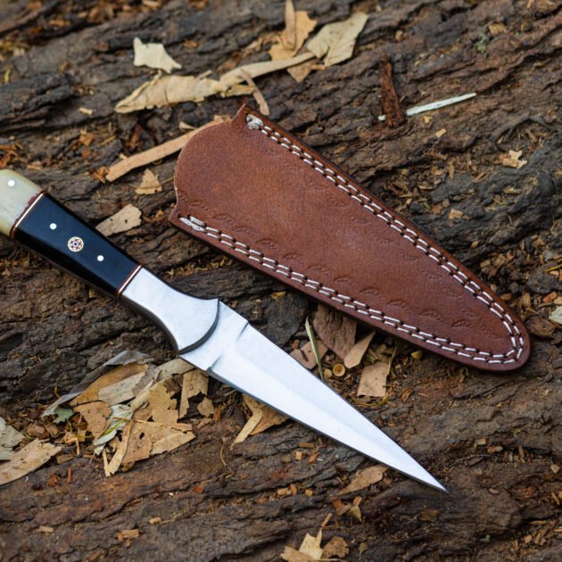 Hand Forged Stainless Steel Hunting Dagger: Bull Horn Handle, Leather Sheath