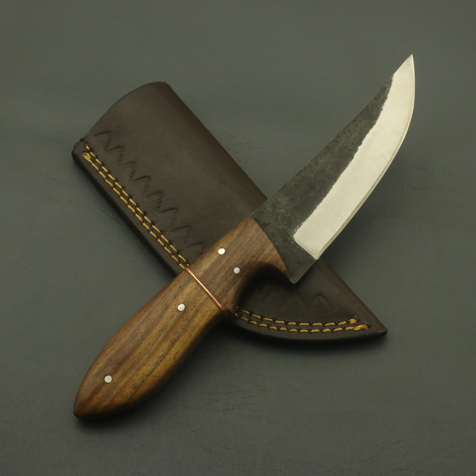 Handmade Carbon Steel Hunting Knife: Full Tang, Rosewood Handle, Leather Sheath