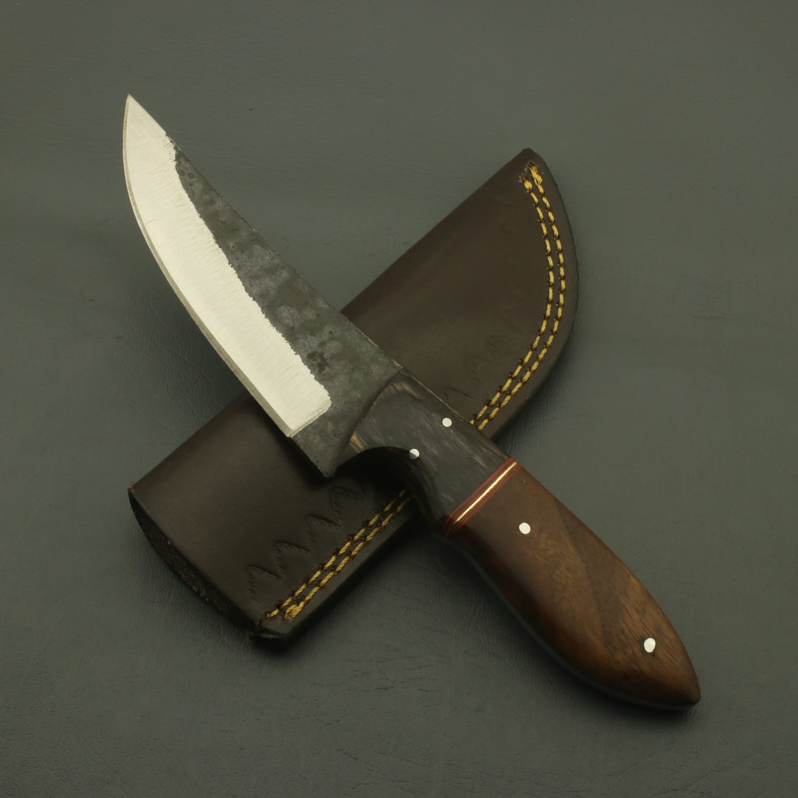 Handmade Carbon Steel Hunting Knife: Full Tang, Rosewood Handle, Leather Sheath